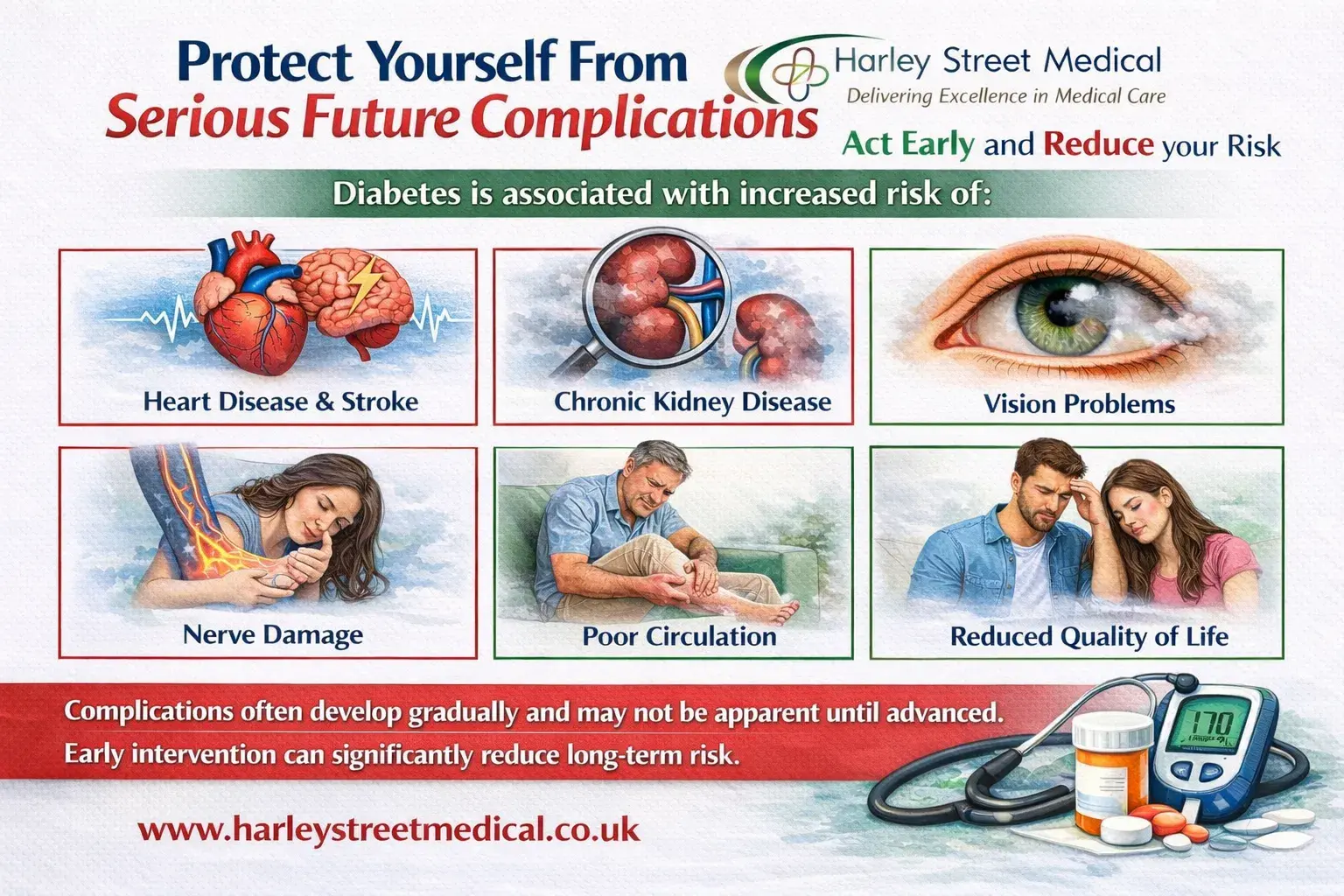 Diabetes complications including heart disease, kidney disease, vision problems, nerve damage, poor circulation, and reduced quality of life