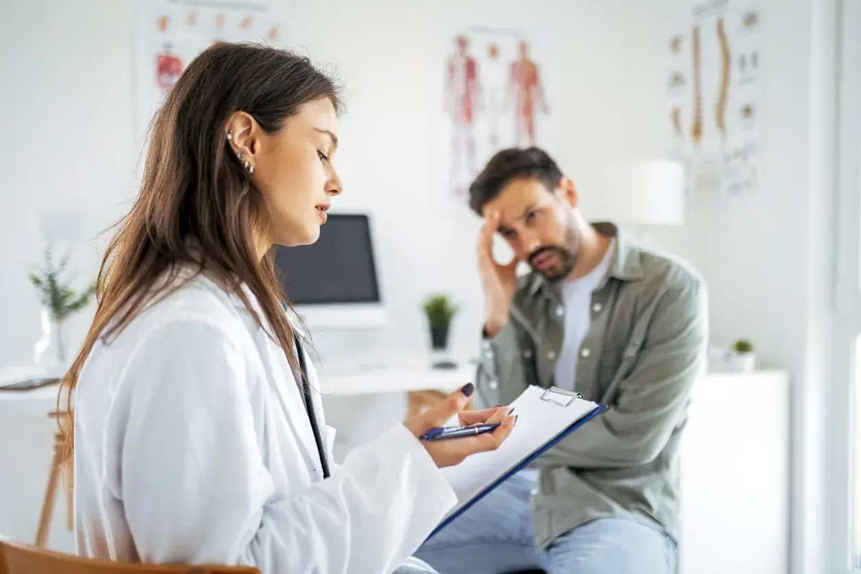 A doctor discussing symptoms with a patient holding his head
